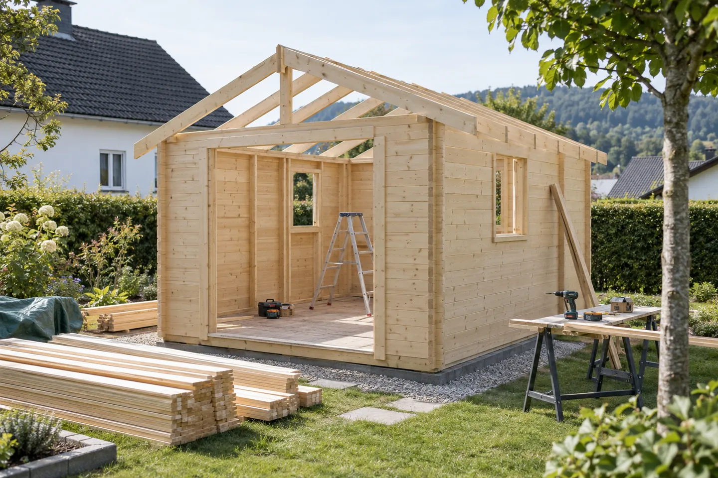 Gartenhaus-Bausatz während der Montage im Garten