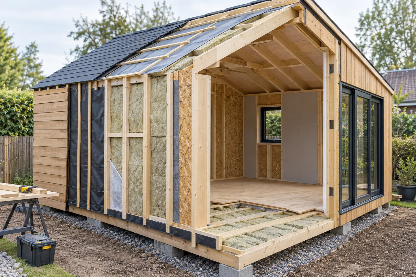 Gartenhaus im Aufbau mit sichtbarer Dämmung an Wand, Dach und Boden