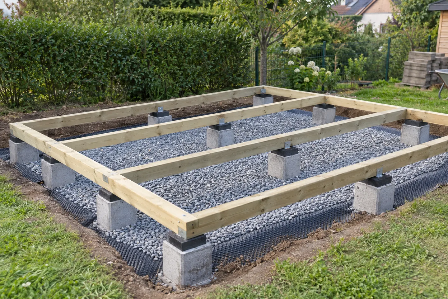 Punktfundament mit Holzrahmen und Drainageschicht für ein Gartenhaus