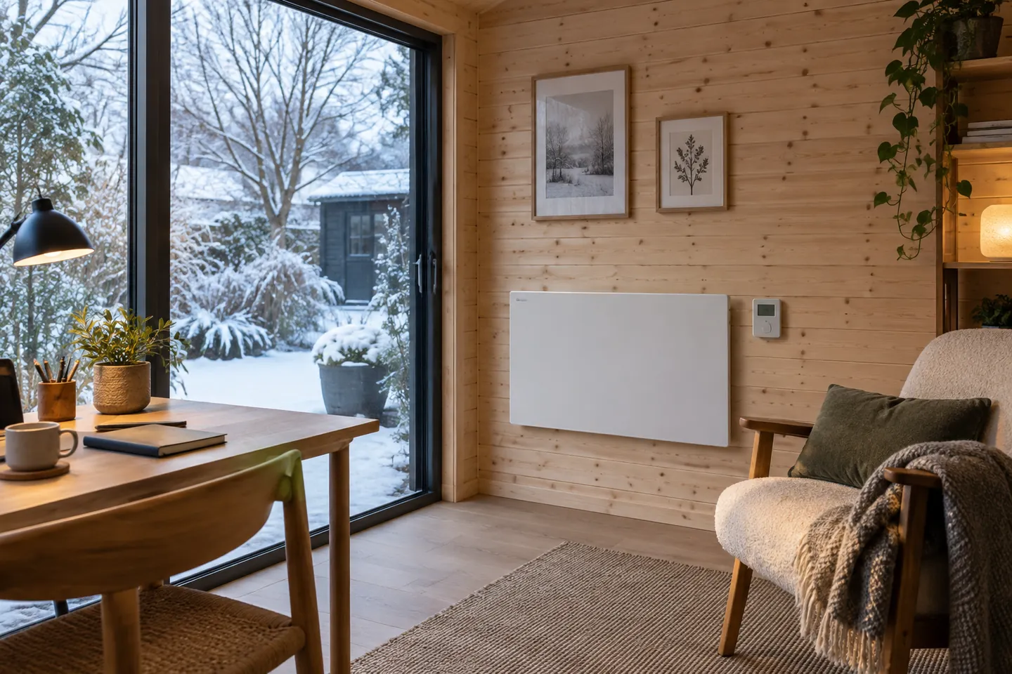 Gedämmter Gartenhaus-Innenraum mit elektrischer Wandheizung