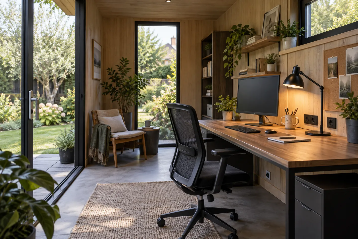 Isoliertes Gartenhaus als heller Arbeitsplatz im Garten