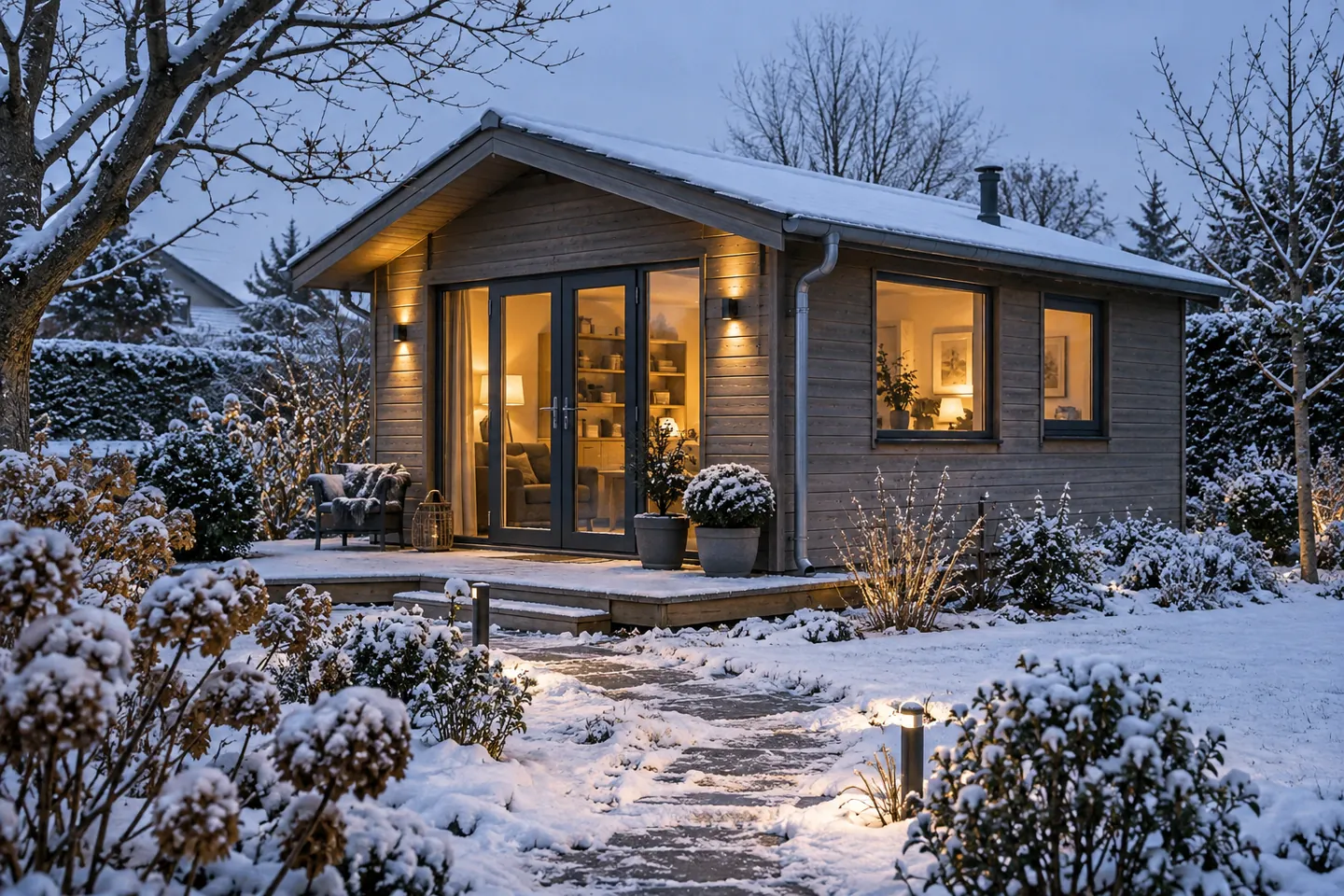 Isoliertes Gartenhaus in einem winterlichen Garten